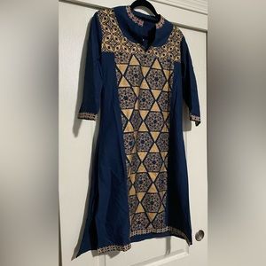 Ethnic Indian Punjabi Pakistani Navy Blue Gold Kurta Kurti Top embroidered desi
